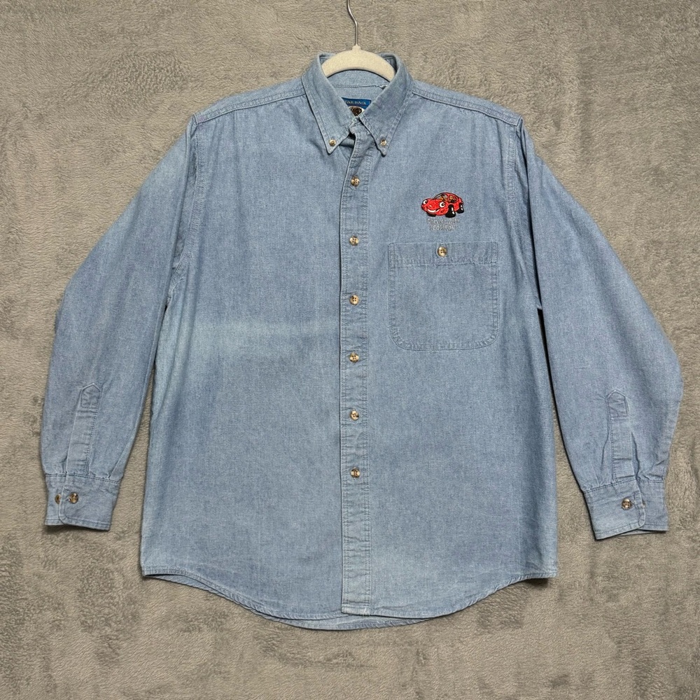VTG Bear Back Chevron Techron Red Car Denim Button Down Shirt Mens L Y2K Grunge